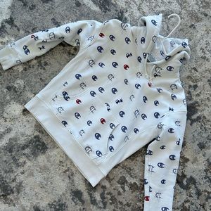 Champion Reverse Weave White Hoodie with Blue and Red monogram pattern